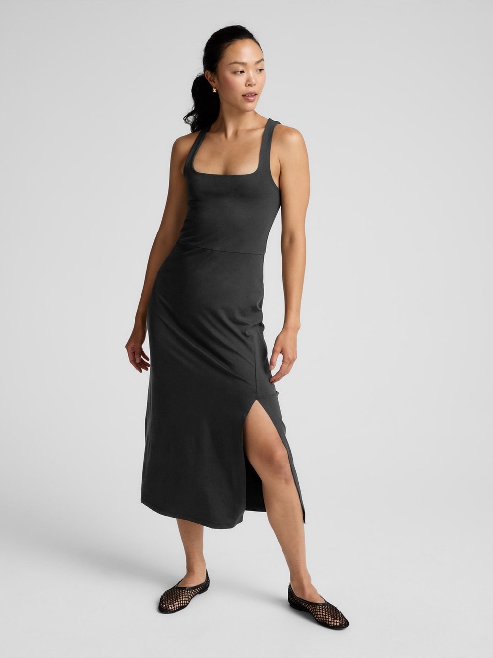 Beyond Yoga Black Getaway Midi Tank Dress Size S Front Slit